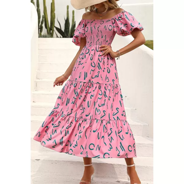 imagePRETTYGARDEN Womens Casual Summer Midi Dress Puffy Short Sleeve Square Neck Smocked Tiered Ruffle DressesPrint Pink