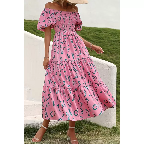 imagePRETTYGARDEN Womens Casual Summer Midi Dress Puffy Short Sleeve Square Neck Smocked Tiered Ruffle DressesPrint Pink