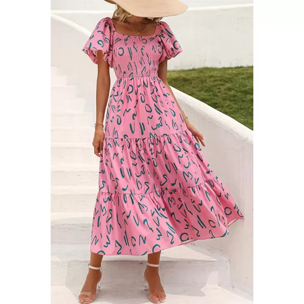 imagePRETTYGARDEN Womens Casual Summer Midi Dress Puffy Short Sleeve Square Neck Smocked Tiered Ruffle DressesPrint Pink