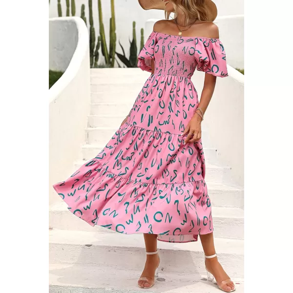 imagePRETTYGARDEN Womens Casual Summer Midi Dress Puffy Short Sleeve Square Neck Smocked Tiered Ruffle DressesPrint Pink