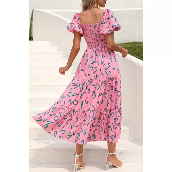 imagePRETTYGARDEN Womens Casual Summer Midi Dress Puffy Short Sleeve Square Neck Smocked Tiered Ruffle DressesPrint Pink
