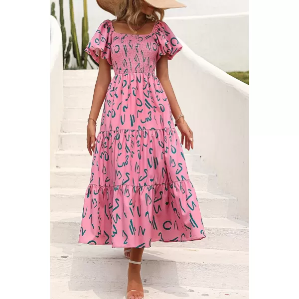 imagePRETTYGARDEN Womens Casual Summer Midi Dress Puffy Short Sleeve Square Neck Smocked Tiered Ruffle DressesPrint Pink