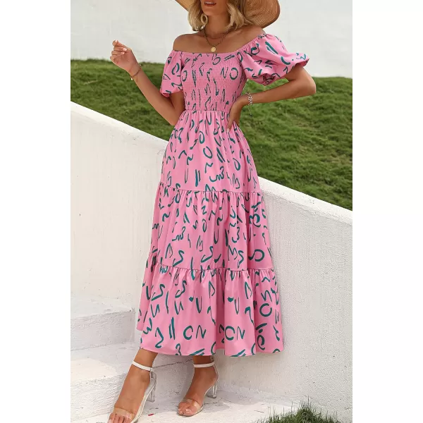 imagePRETTYGARDEN Womens Casual Summer Midi Dress Puffy Short Sleeve Square Neck Smocked Tiered Ruffle DressesPrint Pink