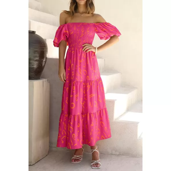imagePRETTYGARDEN Womens Casual Summer Midi Dress Puffy Short Sleeve Square Neck Smocked Tiered Ruffle DressesPrint Rose Red