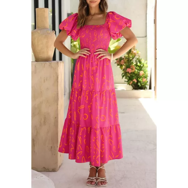 imagePRETTYGARDEN Womens Casual Summer Midi Dress Puffy Short Sleeve Square Neck Smocked Tiered Ruffle DressesPrint Rose Red