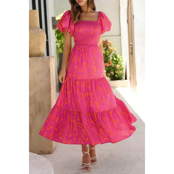 imagePRETTYGARDEN Womens Casual Summer Midi Dress Puffy Short Sleeve Square Neck Smocked Tiered Ruffle DressesPrint Rose Red