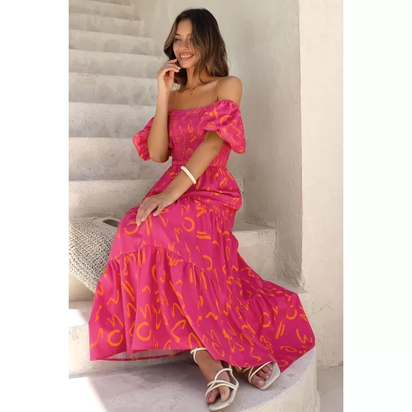imagePRETTYGARDEN Womens Casual Summer Midi Dress Puffy Short Sleeve Square Neck Smocked Tiered Ruffle DressesPrint Rose Red