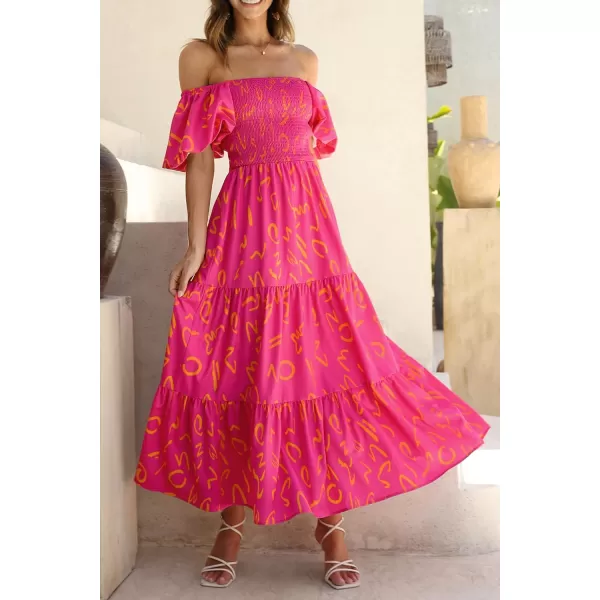 imagePRETTYGARDEN Womens Casual Summer Midi Dress Puffy Short Sleeve Square Neck Smocked Tiered Ruffle DressesPrint Rose Red