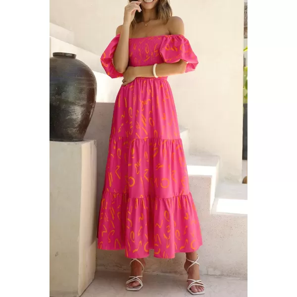 imagePRETTYGARDEN Womens Casual Summer Midi Dress Puffy Short Sleeve Square Neck Smocked Tiered Ruffle DressesPrint Rose Red
