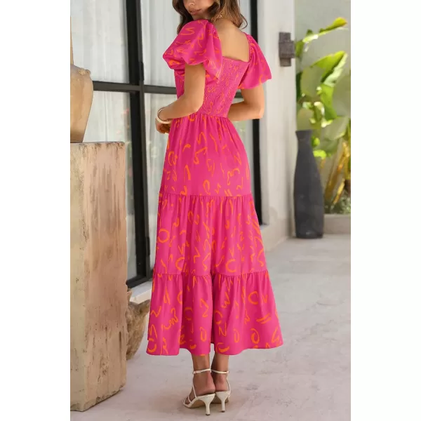 imagePRETTYGARDEN Womens Casual Summer Midi Dress Puffy Short Sleeve Square Neck Smocked Tiered Ruffle DressesPrint Rose Red
