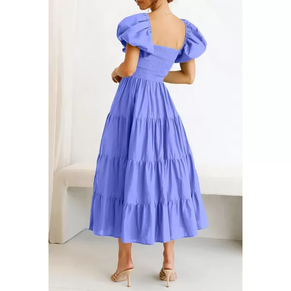 imagePRETTYGARDEN Womens Casual Summer Midi Dress Puffy Short Sleeve Square Neck Smocked Tiered Ruffle DressesPurple Blue
