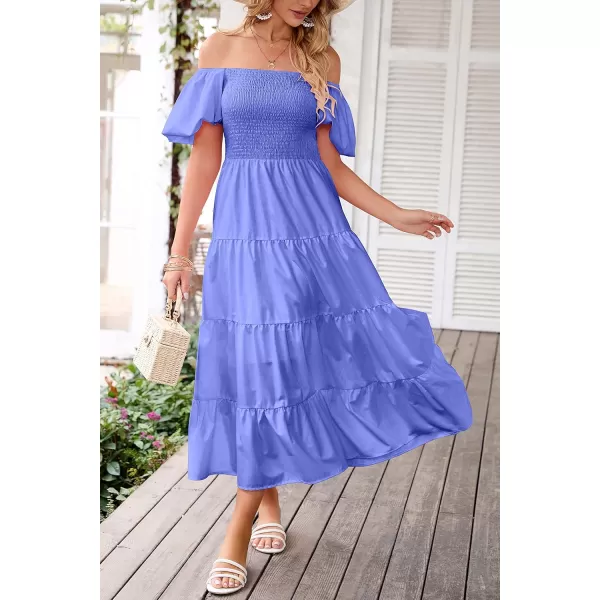 imagePRETTYGARDEN Womens Casual Summer Midi Dress Puffy Short Sleeve Square Neck Smocked Tiered Ruffle DressesPurple Blue