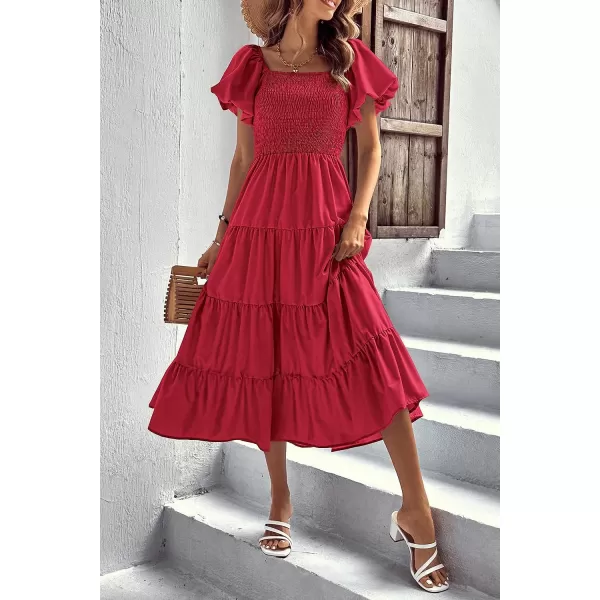 imagePRETTYGARDEN Womens Casual Summer Midi Dress Puffy Short Sleeve Square Neck Smocked Tiered Ruffle DressesRed