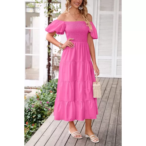 imagePRETTYGARDEN Womens Casual Summer Midi Dress Puffy Short Sleeve Square Neck Smocked Tiered Ruffle DressesRose Pink