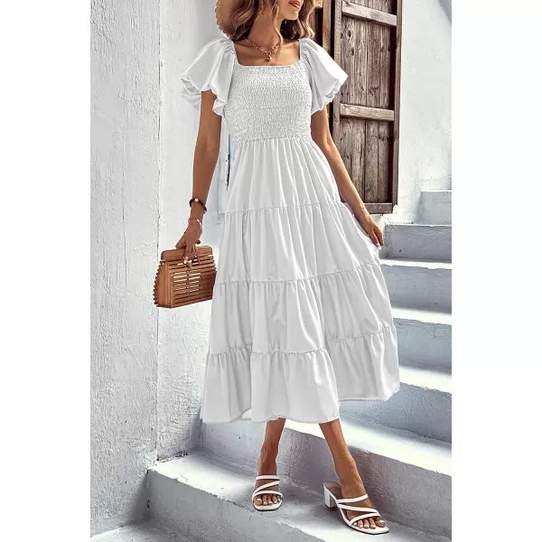 imagePRETTYGARDEN Womens Casual Summer Midi Dress Puffy Short Sleeve Square Neck Smocked Tiered Ruffle DressesWhite
