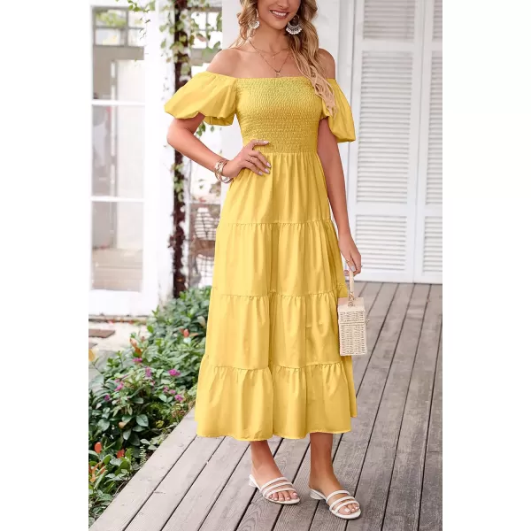 imagePRETTYGARDEN Womens Casual Summer Midi Dress Puffy Short Sleeve Square Neck Smocked Tiered Ruffle DressesYellow