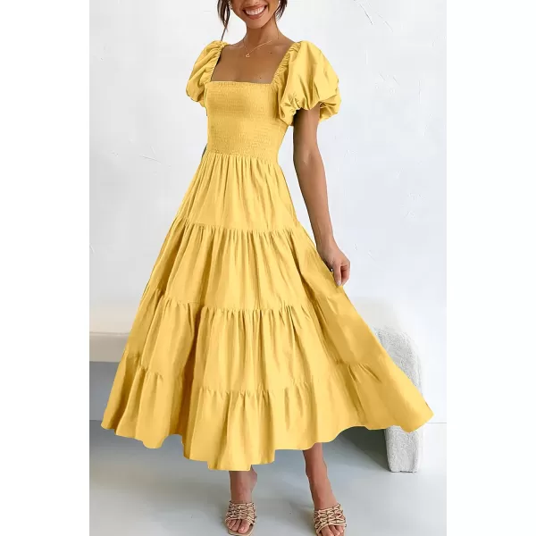 imagePRETTYGARDEN Womens Casual Summer Midi Dress Puffy Short Sleeve Square Neck Smocked Tiered Ruffle DressesYellow