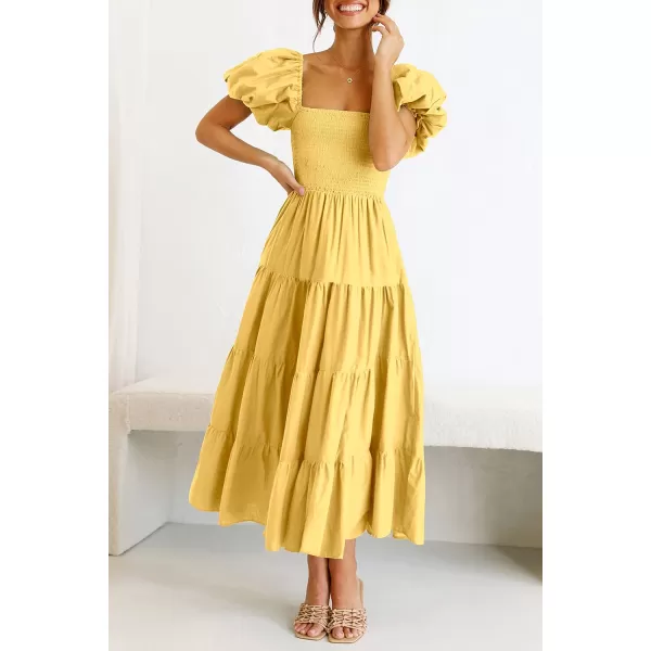 imagePRETTYGARDEN Womens Casual Summer Midi Dress Puffy Short Sleeve Square Neck Smocked Tiered Ruffle DressesYellow