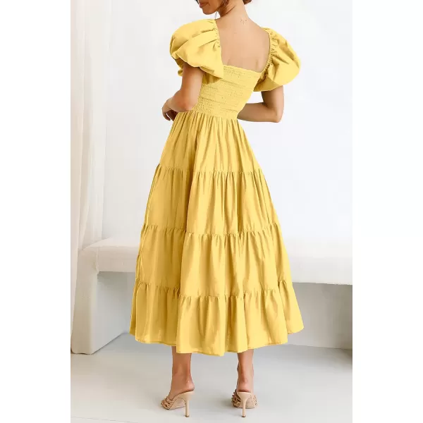 imagePRETTYGARDEN Womens Casual Summer Midi Dress Puffy Short Sleeve Square Neck Smocked Tiered Ruffle DressesYellow