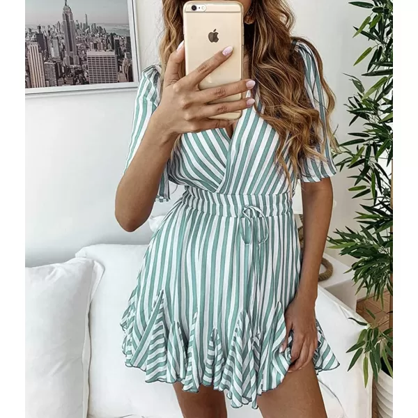 imagePRETTYGARDEN Womens Casual Summer Striped Dress Short Sleeve Wrap V Neck Ruffle Hem Mini Skater DressesBean Green