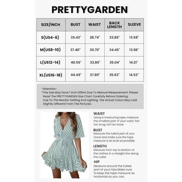 imagePRETTYGARDEN Womens Casual Summer Striped Dress Short Sleeve Wrap V Neck Ruffle Hem Mini Skater DressesBean Green