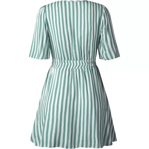 imagePRETTYGARDEN Womens Casual Summer Striped Dress Short Sleeve Wrap V Neck Ruffle Hem Mini Skater DressesBean Green