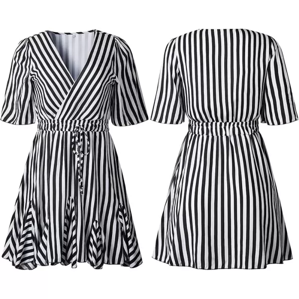 imagePRETTYGARDEN Womens Casual Summer Striped Dress Short Sleeve Wrap V Neck Ruffle Hem Mini Skater DressesBlack