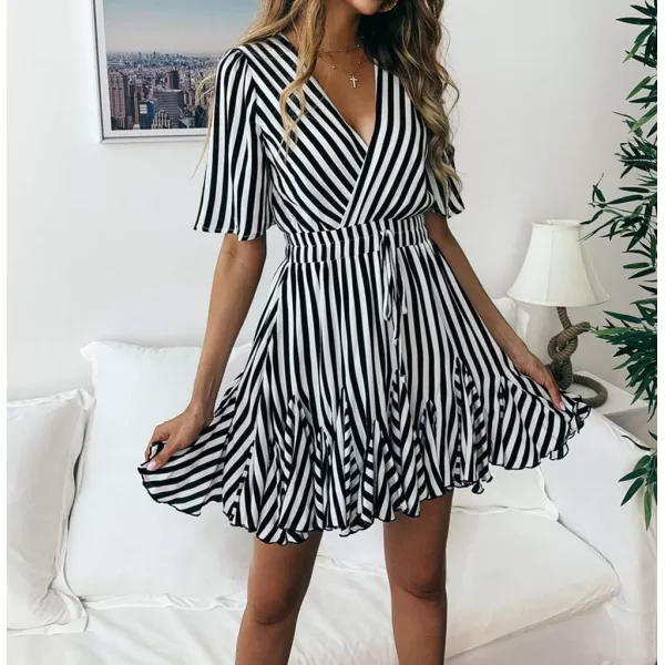 imagePRETTYGARDEN Womens Casual Summer Striped Dress Short Sleeve Wrap V Neck Ruffle Hem Mini Skater DressesBlack