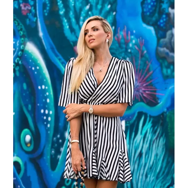 imagePRETTYGARDEN Womens Casual Summer Striped Dress Short Sleeve Wrap V Neck Ruffle Hem Mini Skater DressesBlack