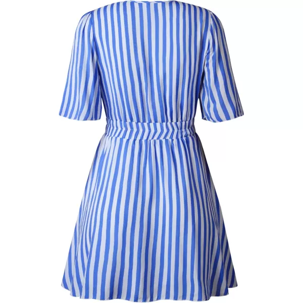 imagePRETTYGARDEN Womens Casual Summer Striped Dress Short Sleeve Wrap V Neck Ruffle Hem Mini Skater DressesBlue