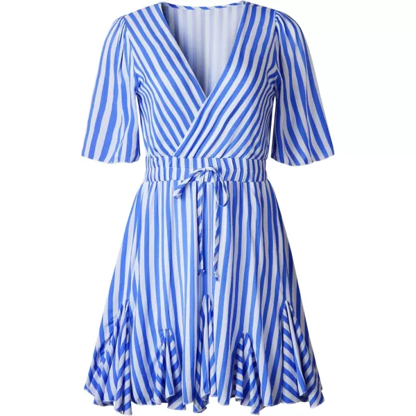 imagePRETTYGARDEN Womens Casual Summer Striped Dress Short Sleeve Wrap V Neck Ruffle Hem Mini Skater DressesBlue