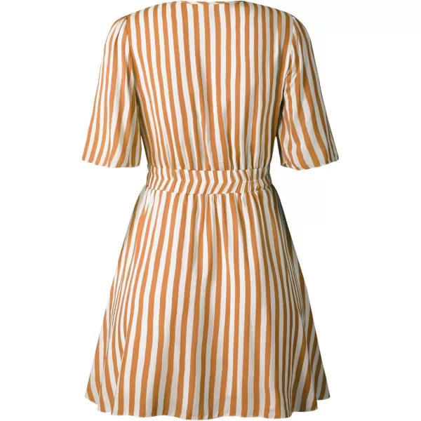 imagePRETTYGARDEN Womens Casual Summer Striped Dress Short Sleeve Wrap V Neck Ruffle Hem Mini Skater DressesBrown