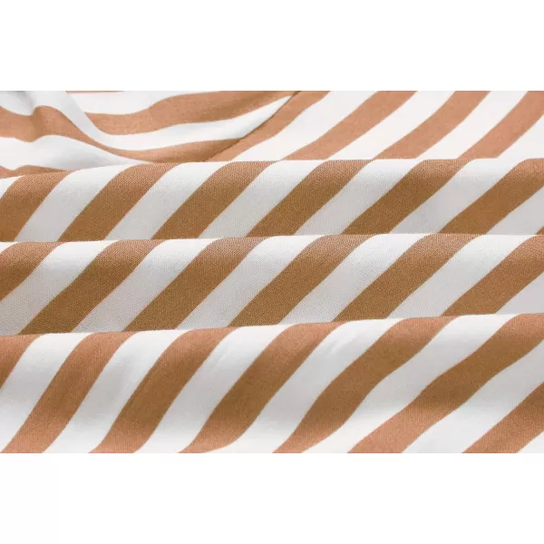 imagePRETTYGARDEN Womens Casual Summer Striped Dress Short Sleeve Wrap V Neck Ruffle Hem Mini Skater DressesBrown