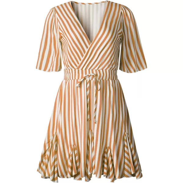 imagePRETTYGARDEN Womens Casual Summer Striped Dress Short Sleeve Wrap V Neck Ruffle Hem Mini Skater DressesBrown