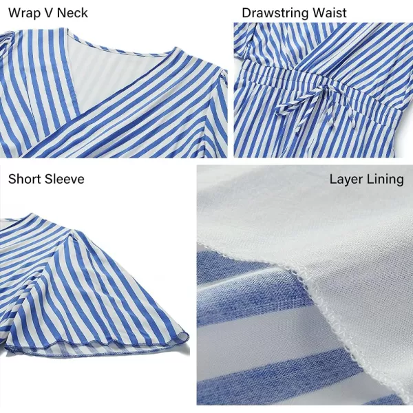 imagePRETTYGARDEN Womens Casual Summer Striped Dress Short Sleeve Wrap V Neck Ruffle Hem Mini Skater DressesBrown