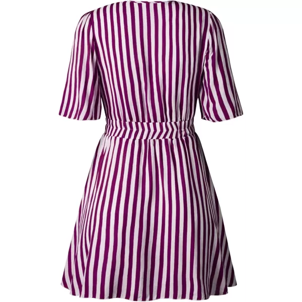 imagePRETTYGARDEN Womens Casual Summer Striped Dress Short Sleeve Wrap V Neck Ruffle Hem Mini Skater DressesDark Rose Red