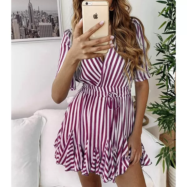 imagePRETTYGARDEN Womens Casual Summer Striped Dress Short Sleeve Wrap V Neck Ruffle Hem Mini Skater DressesDark Rose Red