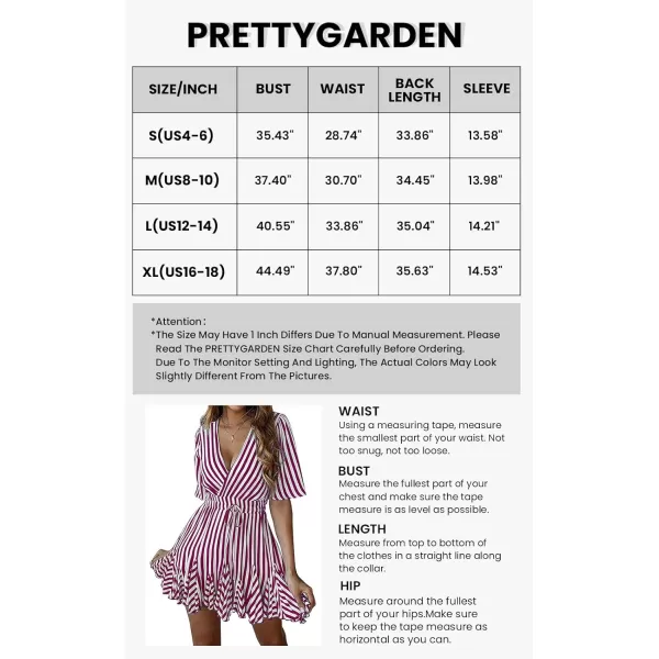 imagePRETTYGARDEN Womens Casual Summer Striped Dress Short Sleeve Wrap V Neck Ruffle Hem Mini Skater DressesDark Rose Red