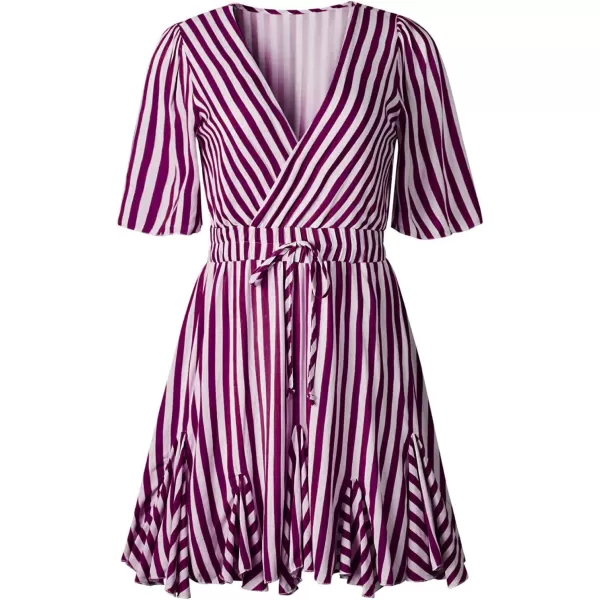 imagePRETTYGARDEN Womens Casual Summer Striped Dress Short Sleeve Wrap V Neck Ruffle Hem Mini Skater DressesDark Rose Red