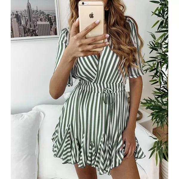 imagePRETTYGARDEN Womens Casual Summer Striped Dress Short Sleeve Wrap V Neck Ruffle Hem Mini Skater DressesGrass Green