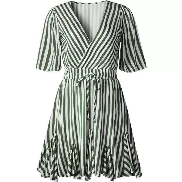 imagePRETTYGARDEN Womens Casual Summer Striped Dress Short Sleeve Wrap V Neck Ruffle Hem Mini Skater DressesGrass Green