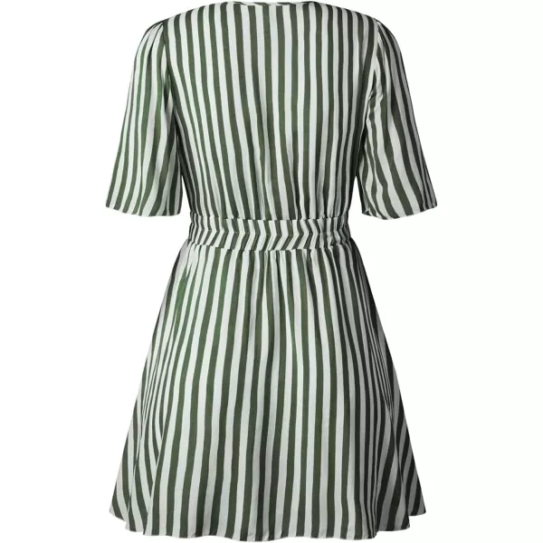 imagePRETTYGARDEN Womens Casual Summer Striped Dress Short Sleeve Wrap V Neck Ruffle Hem Mini Skater DressesGrass Green
