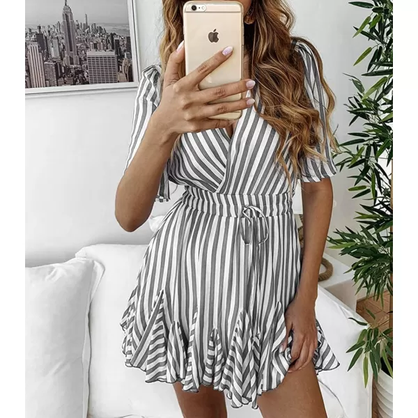 imagePRETTYGARDEN Womens Casual Summer Striped Dress Short Sleeve Wrap V Neck Ruffle Hem Mini Skater DressesGrey