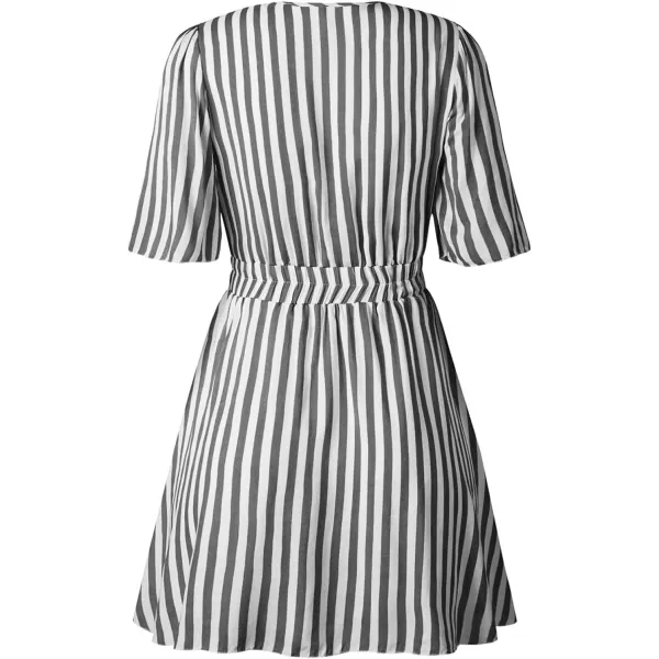 imagePRETTYGARDEN Womens Casual Summer Striped Dress Short Sleeve Wrap V Neck Ruffle Hem Mini Skater DressesGrey