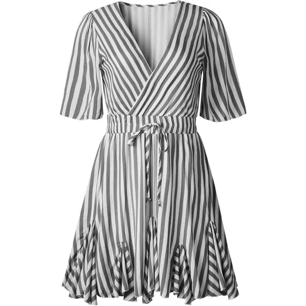 imagePRETTYGARDEN Womens Casual Summer Striped Dress Short Sleeve Wrap V Neck Ruffle Hem Mini Skater DressesGrey