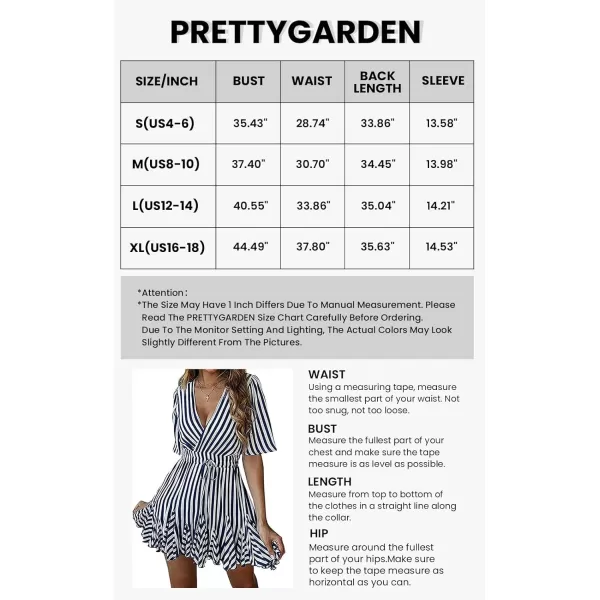 imagePRETTYGARDEN Womens Casual Summer Striped Dress Short Sleeve Wrap V Neck Ruffle Hem Mini Skater DressesNavy
