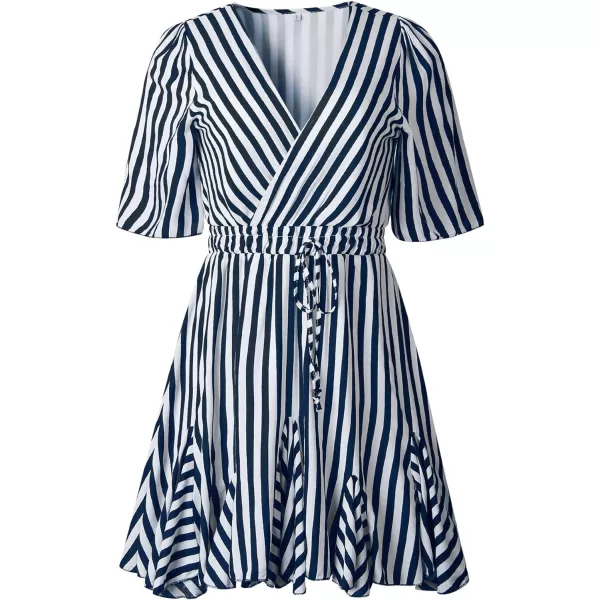imagePRETTYGARDEN Womens Casual Summer Striped Dress Short Sleeve Wrap V Neck Ruffle Hem Mini Skater DressesNavy