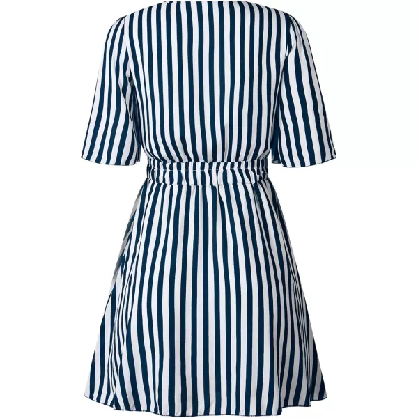 imagePRETTYGARDEN Womens Casual Summer Striped Dress Short Sleeve Wrap V Neck Ruffle Hem Mini Skater DressesNavy