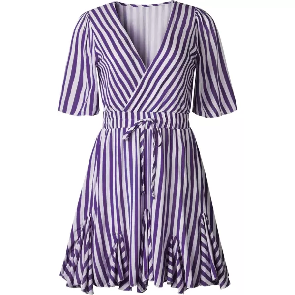 imagePRETTYGARDEN Womens Casual Summer Striped Dress Short Sleeve Wrap V Neck Ruffle Hem Mini Skater DressesPurple