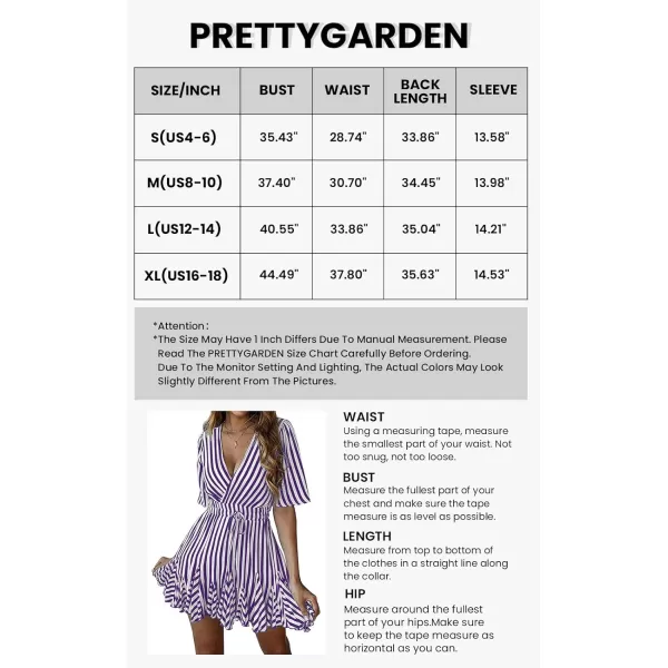 imagePRETTYGARDEN Womens Casual Summer Striped Dress Short Sleeve Wrap V Neck Ruffle Hem Mini Skater DressesPurple